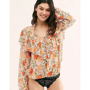 Free People Intimates Bodysuit Size Small Say it‎ to Me Floral Lace Ruffle Boho